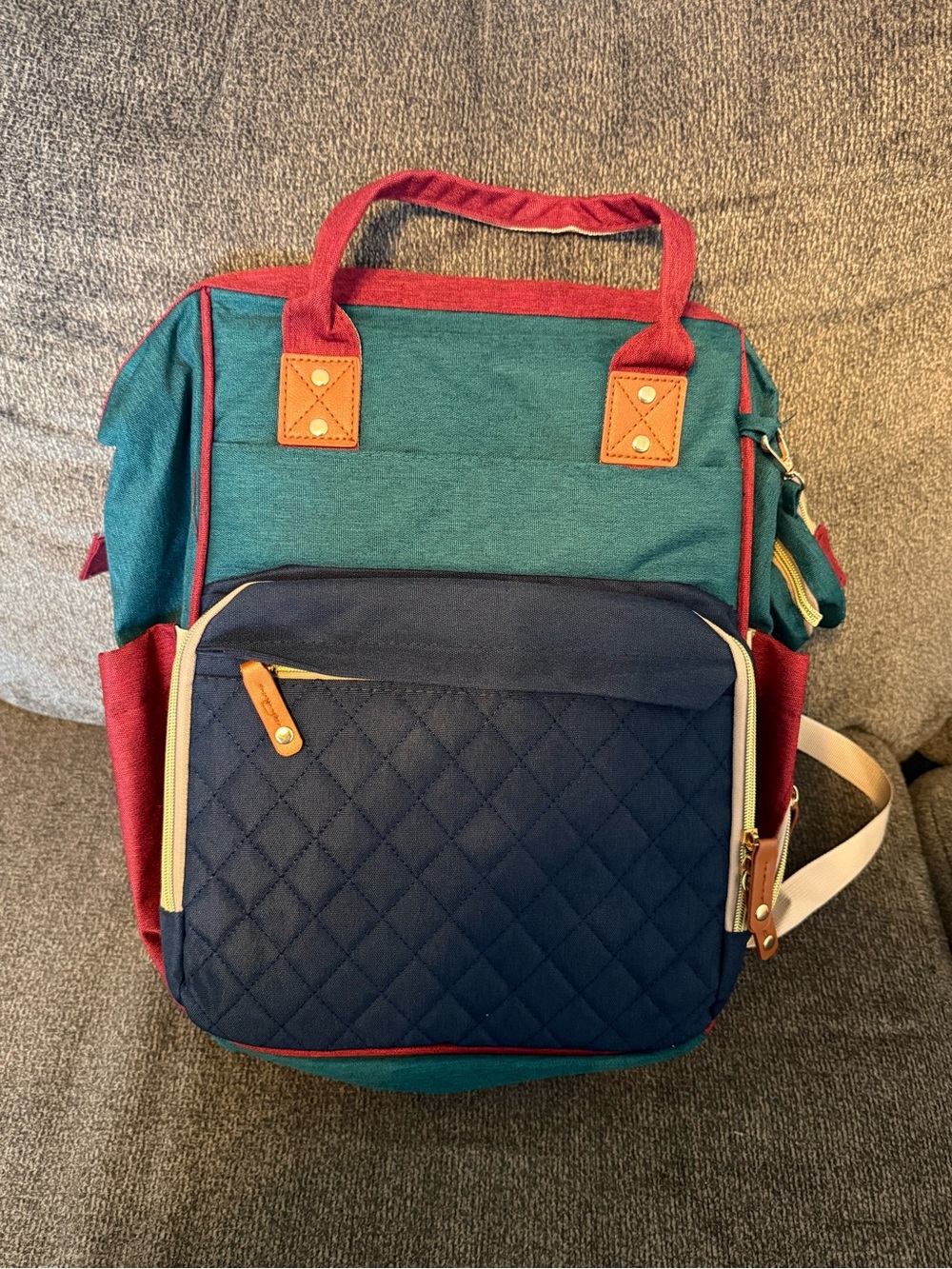 Multi-Color Quilted Front Baby Backpack with changing station - Navy, Teal & Red